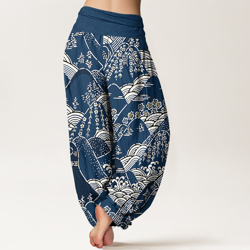 Buddha Stones Printed Mountains Waves Floral Pattern Women's Elastic Waist Harem Pure Cotton Pants - image 2