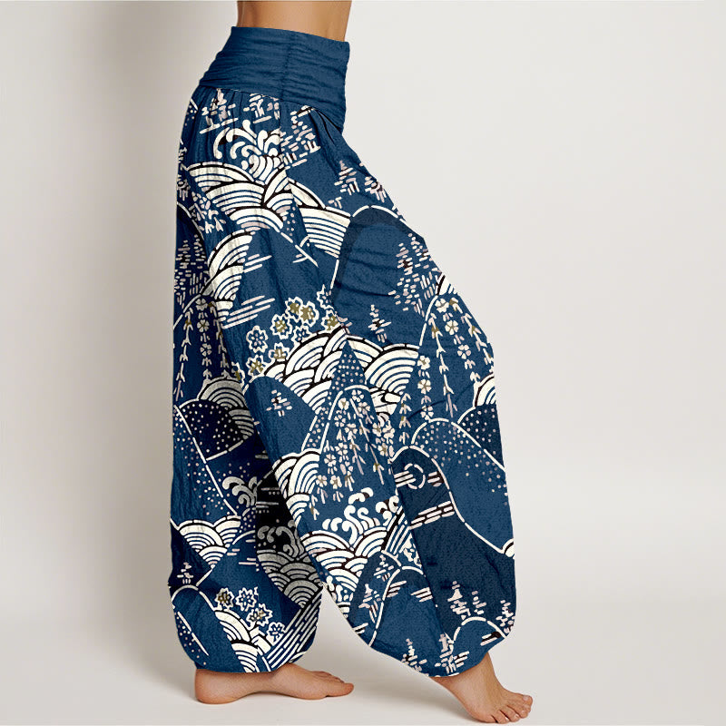 Buddha Stones Printed Mountains Waves Floral Pattern Women's Elastic Waist Harem Pure Cotton Pants - image 1
