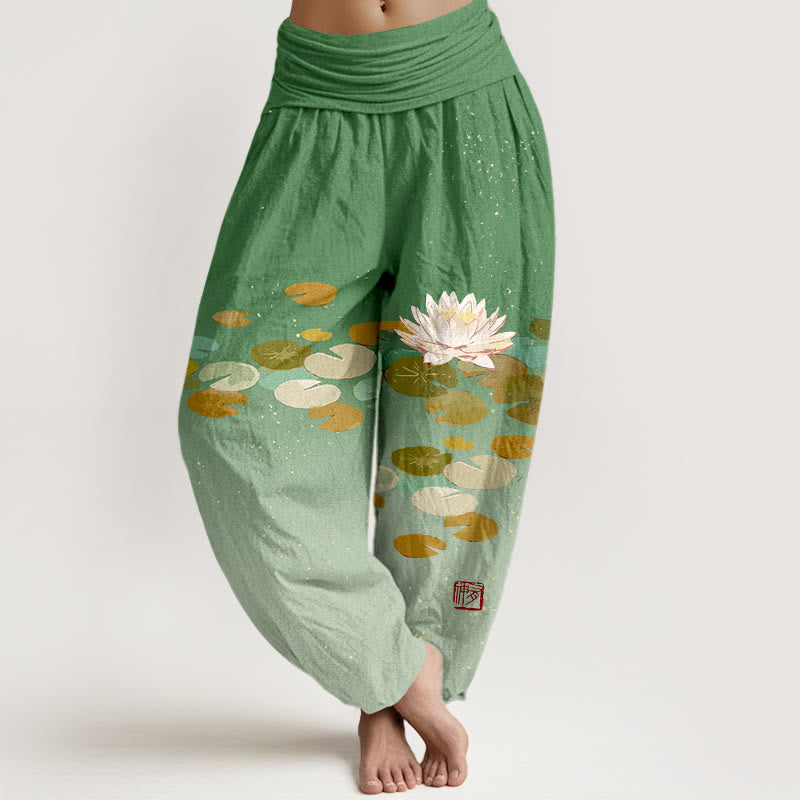 Buddha Stones Printed White Lotus Leaves Pattern Women's Elastic Waist Harem Pure Cotton Pants - MediumSeaGreen - US16，UK/AU20，EU48 (3XL) - image 0