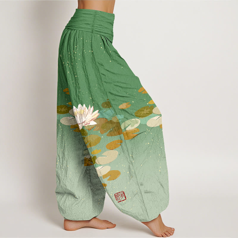 Buddha Stones Printed White Lotus Leaves Pattern Women's Elastic Waist Harem Pure Cotton Pants - image 1