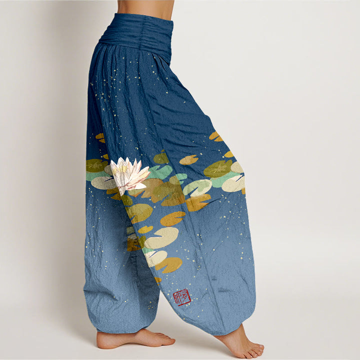Buddha Stones Printed White Lotus Leaves Pattern Women's Elastic Waist Harem Pure Cotton Pants - image 9