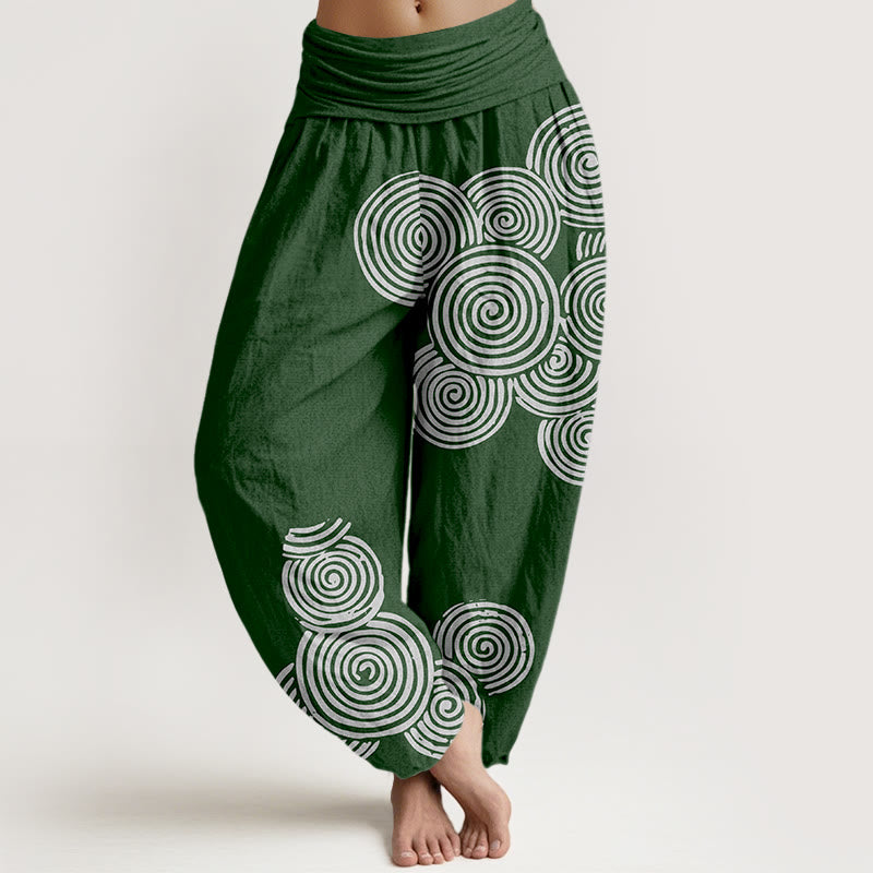 Buddha Stones Printed White Spiral Pattern Women's Elastic Waist Harem Pure Cotton Pants - DarkGreen - US16，UK/AU20，EU48 (3XL) - image 8