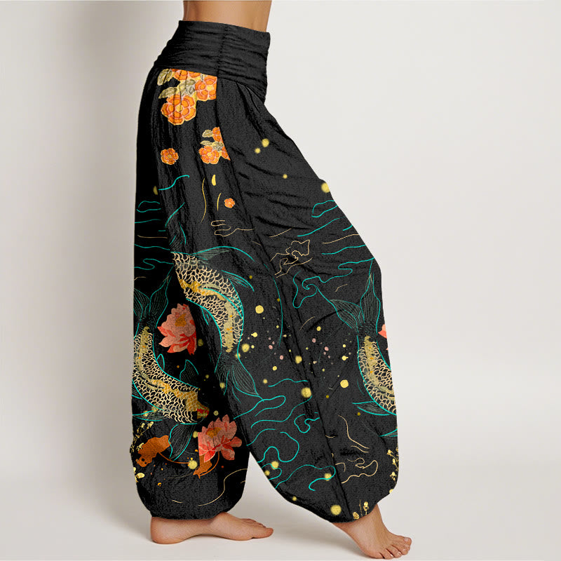 Buddha Stones Koi Fish Lotus Pattern Women's Elastic Waist Harem Pure Cotton Printed Pants - image 1