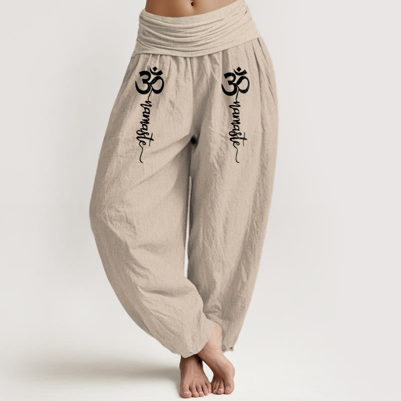 Buddha Stones Namaste Om Pattern Women's Pure Cotton Elastic Waist Harem Pants - Beige - US16，UK/AU20，EU48 (3XL) - image 14