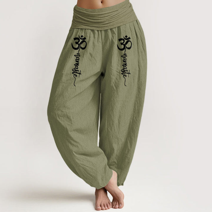 Buddha Stones Namaste Om Pattern Women's Pure Cotton Elastic Waist Harem Pants - OliveDrab - US16，UK/AU20，EU48 (3XL) - image 11