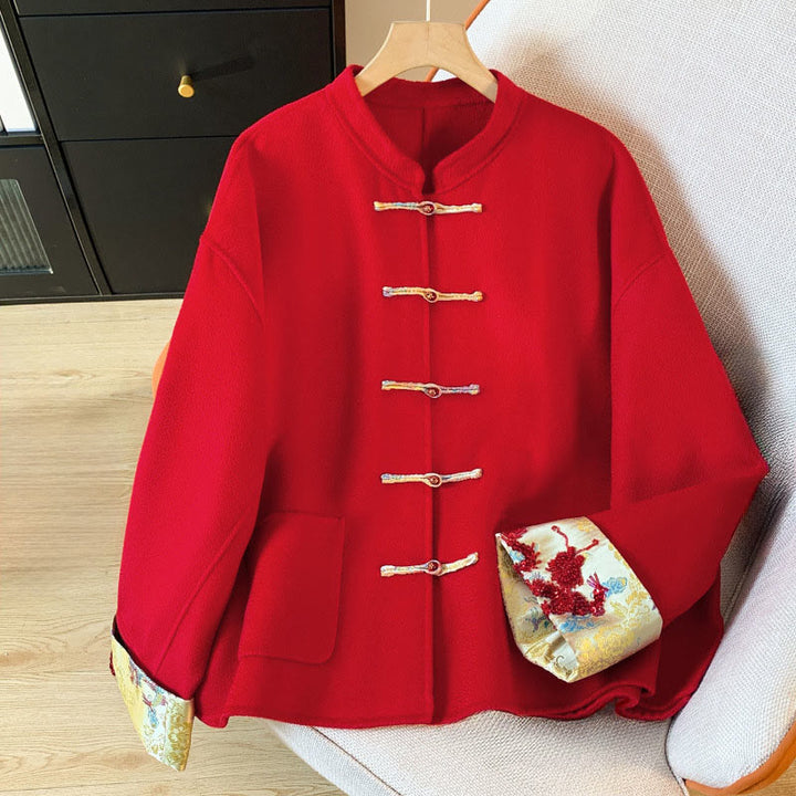 Buddha Stones Winter Embroidery Buttons Design Long Sleeve Women's Cotton Jacket With Pockets - Crimson - US6，UK/AU10，EU38 (XL) - image 0
