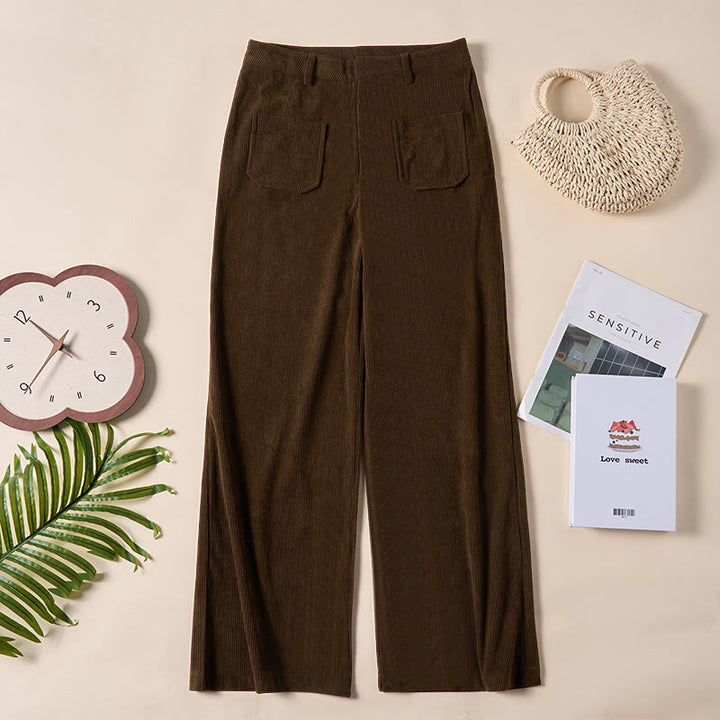 Buddha Stones Plain Corduroy Polyester Women's Buttons Wide Leg Pants With Pockets - image 1