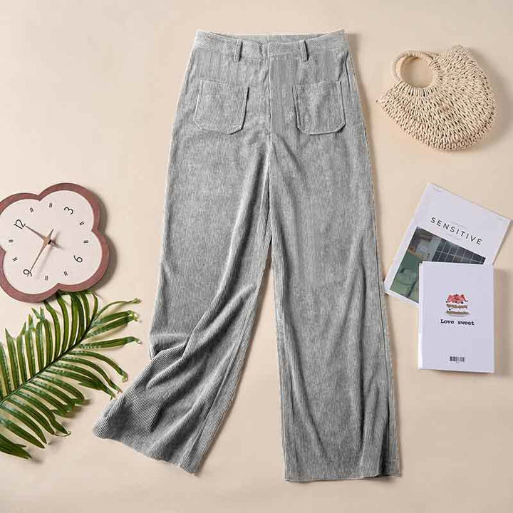 Buddha Stones Plain Corduroy Polyester Women's Buttons Wide Leg Pants With Pockets - image 20