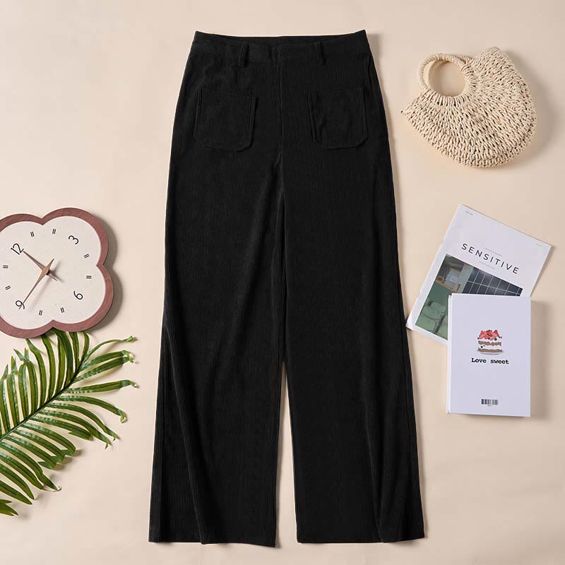 Buddha Stones Plain Corduroy Polyester Women's Buttons Wide Leg Pants With Pockets - image 23