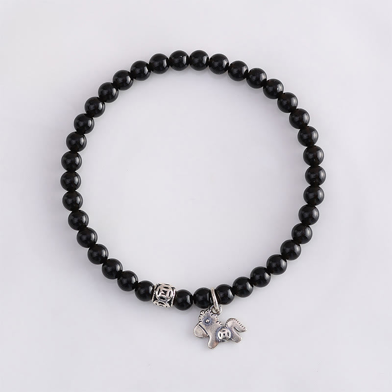 Buddha Stones Year Of The Horse 925 Sterling Silver Natural Black Obsidian Strength Bracelet - image 12