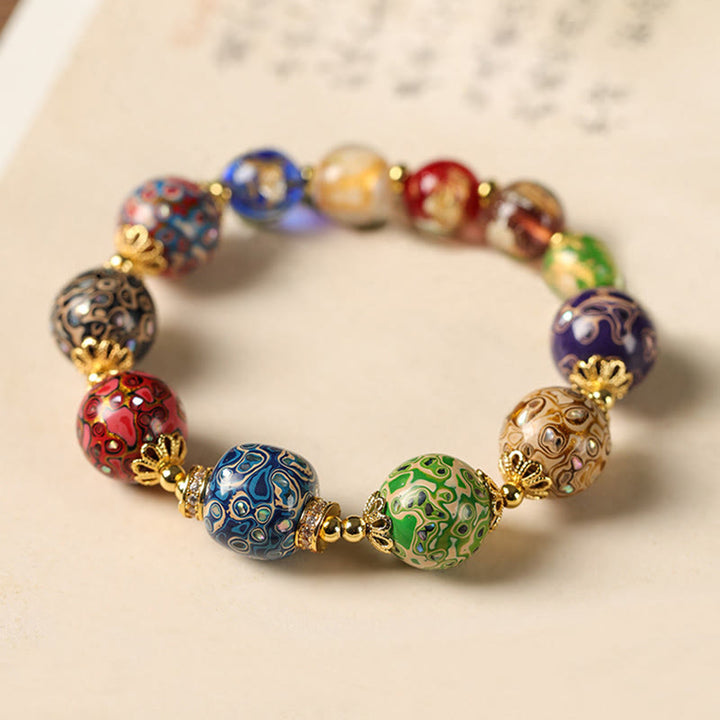 Buddha Stones Colorful Liuli Glass Sandalwood Gourd Bead Lacquer Craft Bracelet - image 1