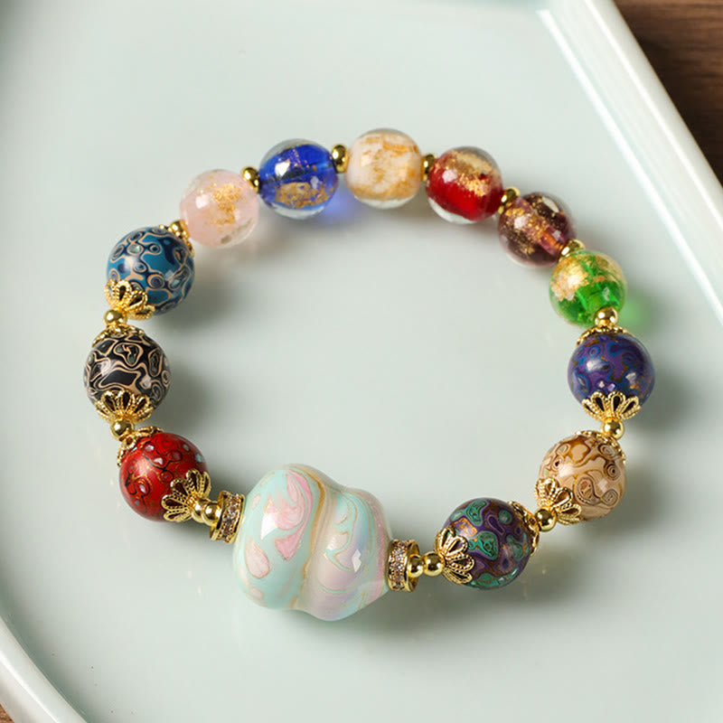 Buddha Stones Colorful Liuli Glass Sandalwood Gourd Bead Lacquer Craft Bracelet - image 9