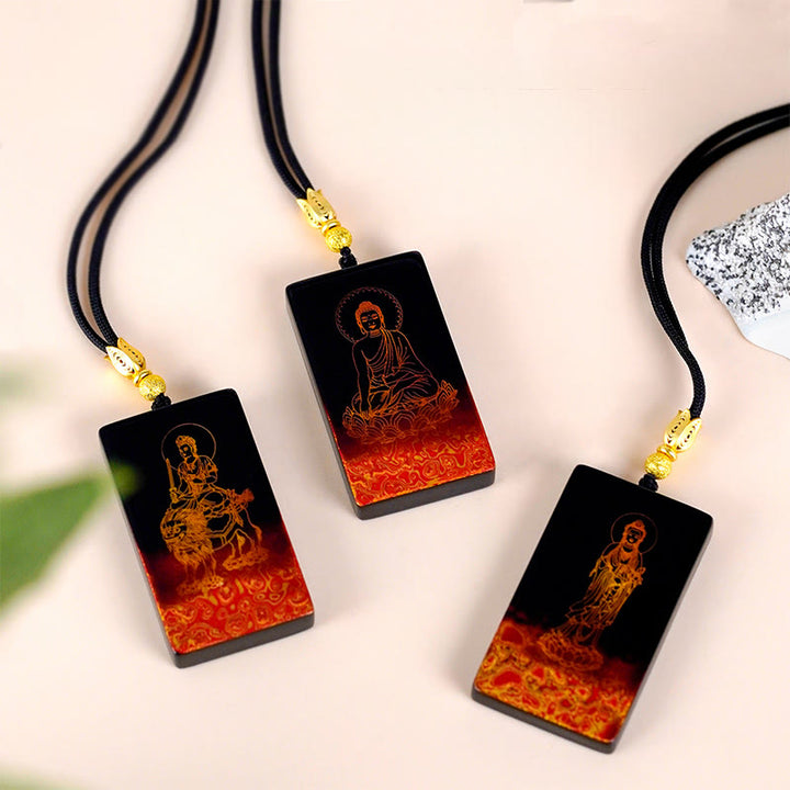 Buddha Stones Chinese Zodiac Natal Buddha Fu Character Lacquer Craft Sandalwood Pendant Necklace - image 0