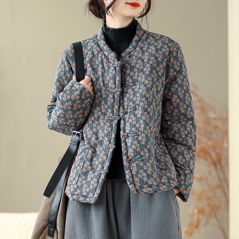 Buddha Stones Winter Frog-button Floral Long Sleeve Women's Thickened Cotton Jacket With Pockets - SlateGray - US12，UK/AU16，EU44 (2XL) - image 0