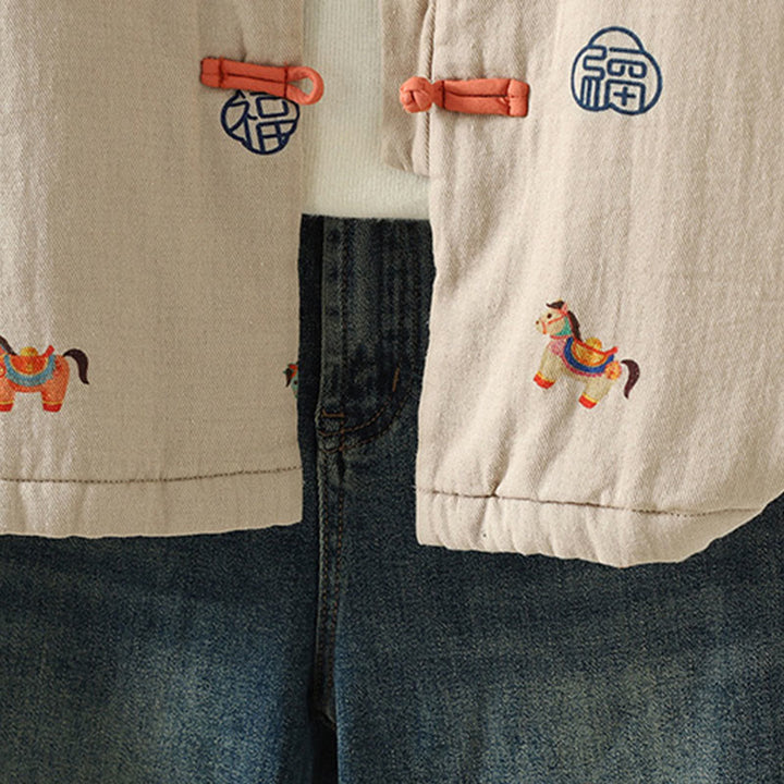 Buddha Stones Horse Fu Character Pattern Frog-Button Design Women's Cotton Long Sleeve Thickened Jacket - image 18