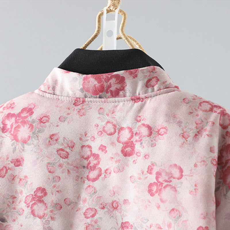 Buddha Stones Women's Commute LightPink Printing Floral Frog-buttons Cotton Long Sleeve Jacket - image 3