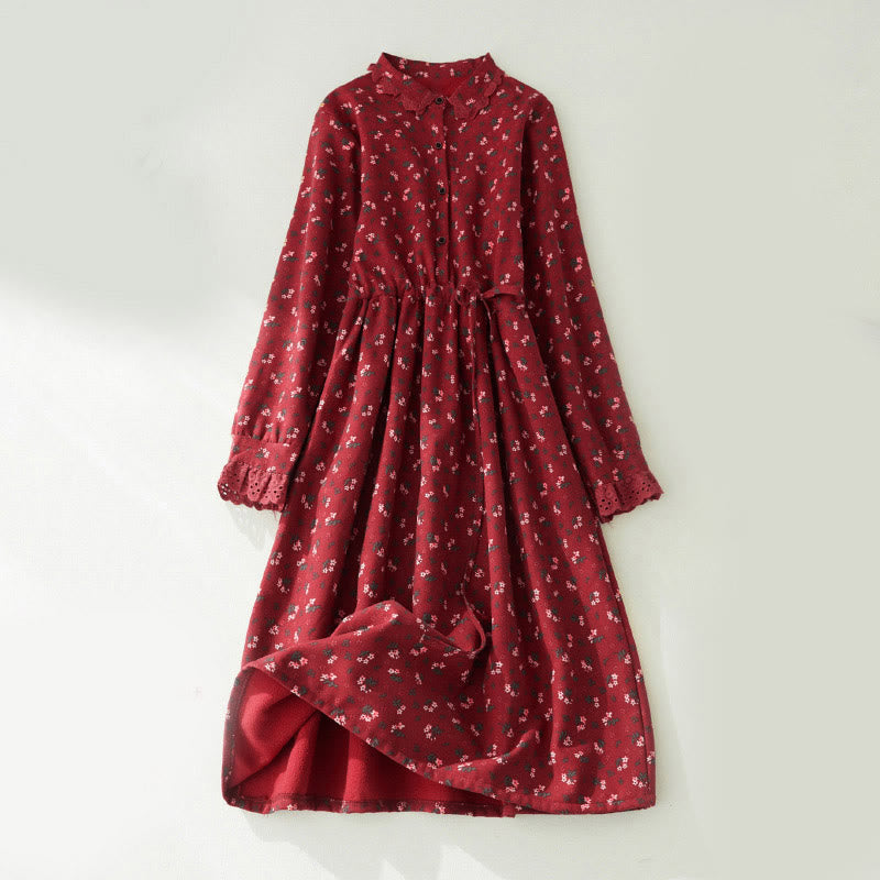 Buddha Stones Floral Pattern Lace Patchwork Design Long Sleeve Corduroy Midi Dress With Pockets - FireBrick - US8-10，UK/AU12-14，EU40-42 (2XL) - image 0