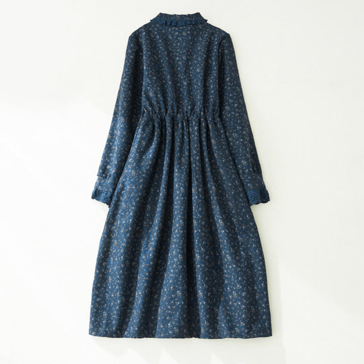 Buddha Stones Floral Pattern Lace Patchwork Design Long Sleeve Corduroy Midi Dress With Pockets - image 9