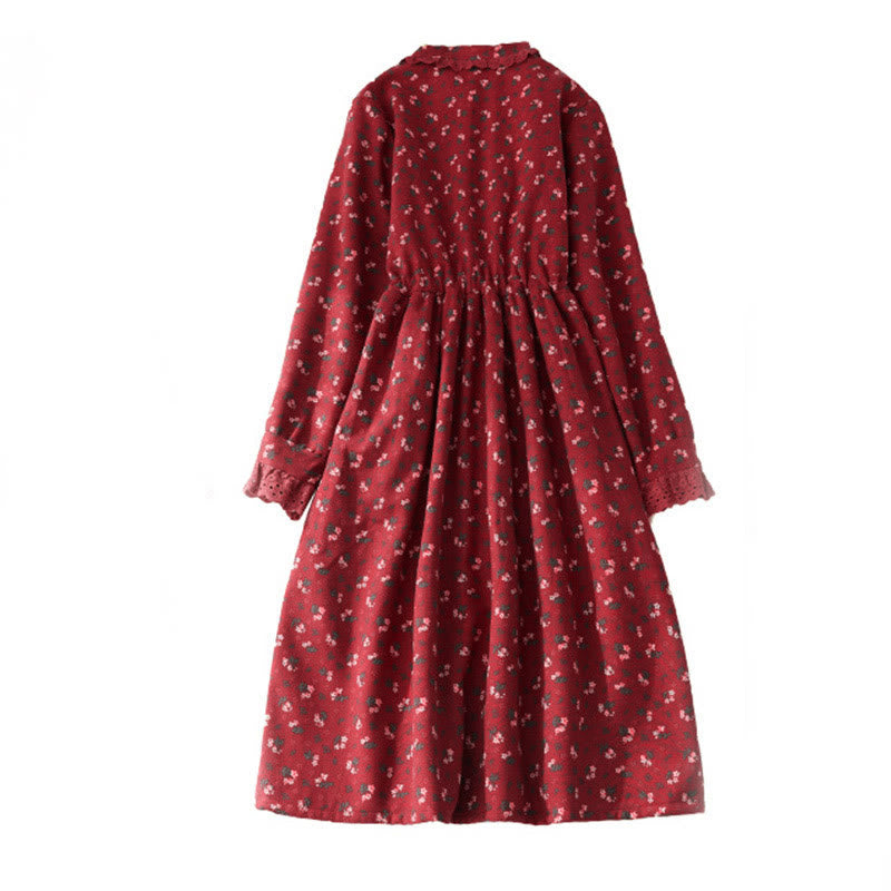 Buddha Stones Floral Pattern Lace Patchwork Design Long Sleeve Corduroy Midi Dress With Pockets - image 3