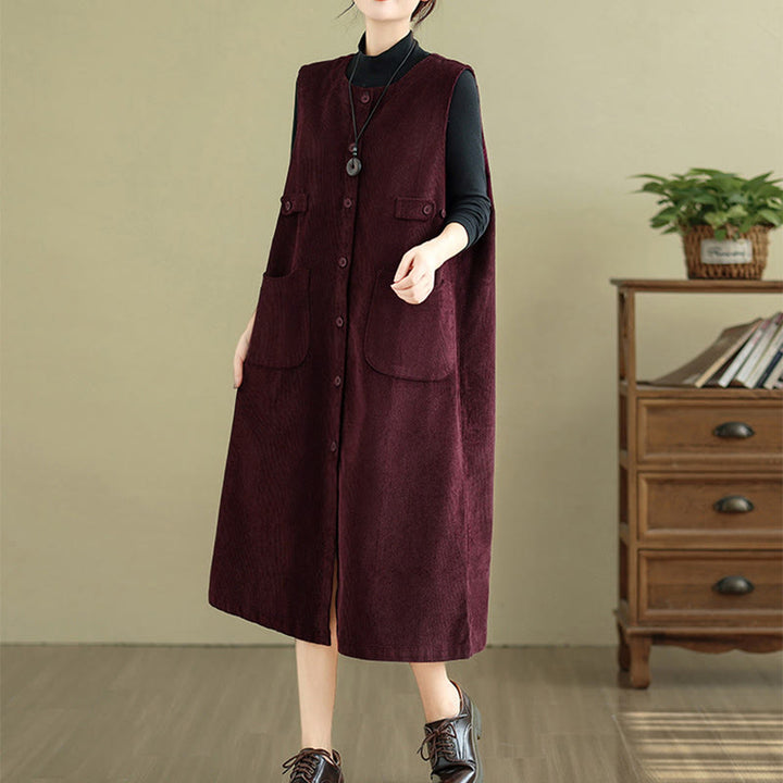 Buddha Stones Pure Colo Buttons Sleeveless Midi Dress With Pockets - image 15