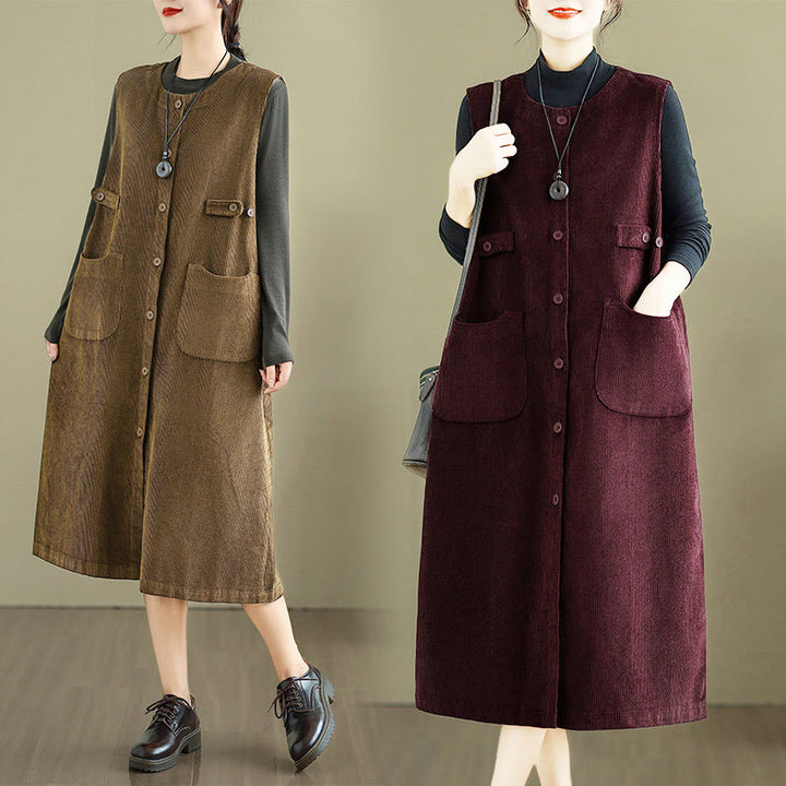 Buddha Stones Pure Colo Buttons Sleeveless Midi Dress With Pockets - image 20