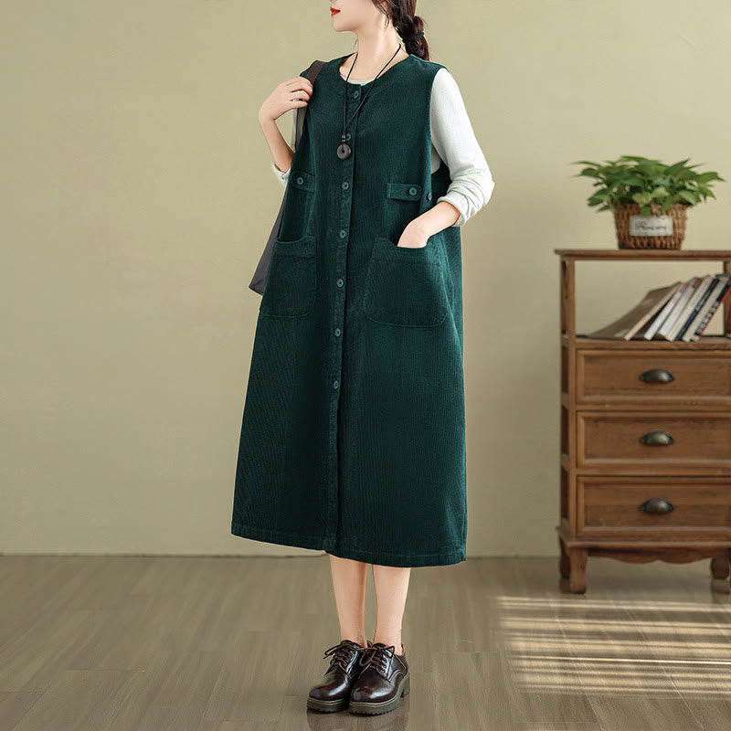 Buddha Stones Pure Colo Buttons Sleeveless Midi Dress With Pockets - image 7