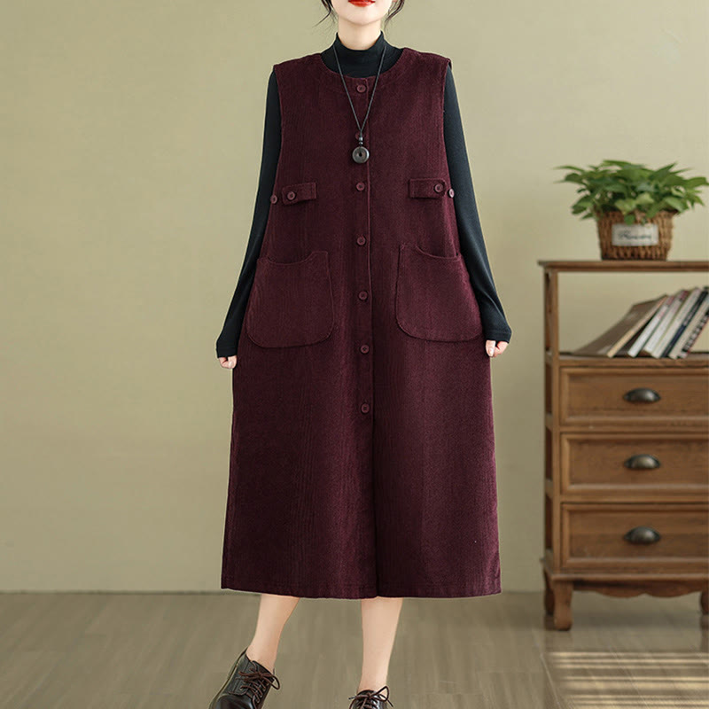 Buddha Stones Pure Colo Buttons Sleeveless Midi Dress With Pockets - image 18