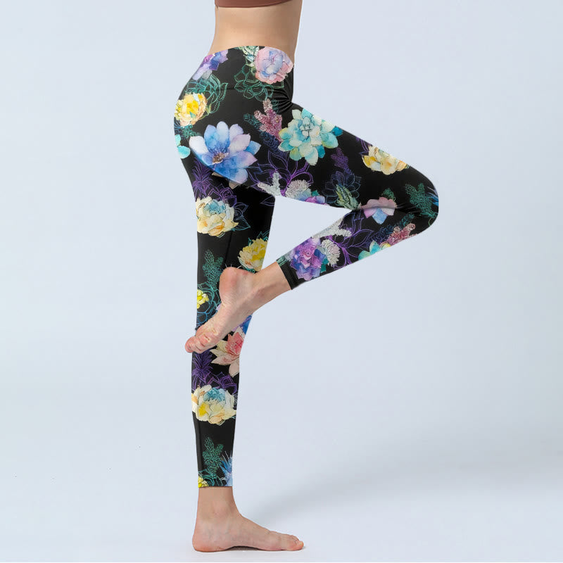 Buddha Stones Colorful Watercolor Style Flower Pattern Print Gym Leggings Women's Yoga Pants - image 3