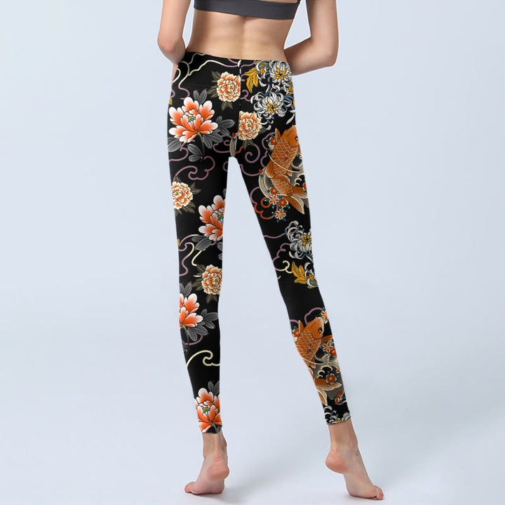 Buddha Stones Koi Fish Peony Chrysanthemum Clouds Pattern Print Gym Leggings Women's Yoga Pants - image 6