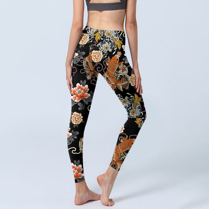 Buddha Stones Koi Fish Peony Chrysanthemum Clouds Pattern Print Gym Leggings Women's Yoga Pants - image 4