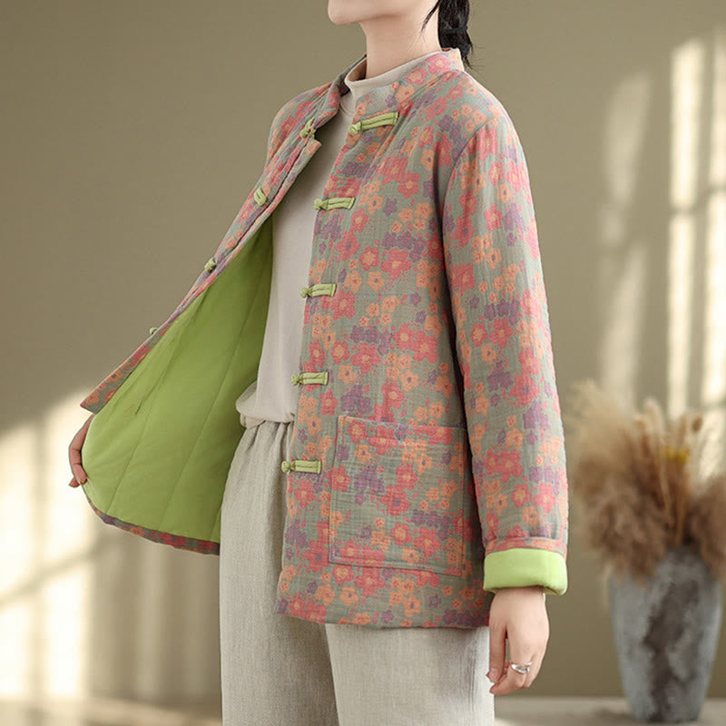 Buddha Stones Women's Winter Thicken Cotton Floral Pattern Long Sleeve Jacket With Pockets - image 2