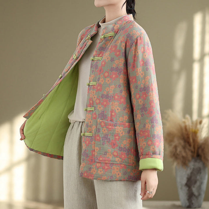 Buddha Stones Women's Winter Thicken Cotton Floral Pattern Long Sleeve Jacket With Pockets - image 2