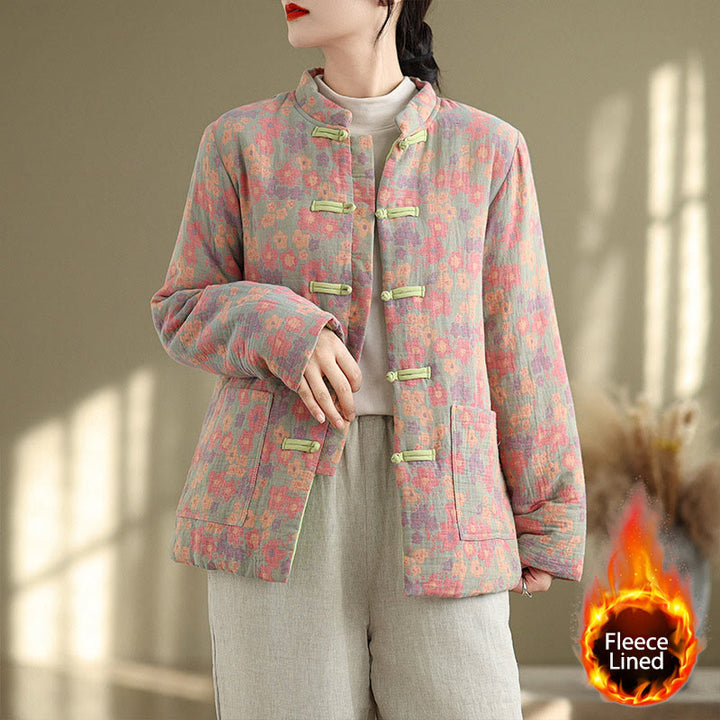 Buddha Stones Women's Winter Thicken Cotton Floral Pattern Long Sleeve Jacket With Pockets - image 1