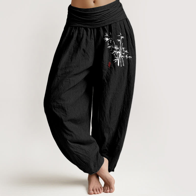 Buddha Stones Casual Bamboo Leaves Pattern Women's Elastic Waist Harem Cotton Pants - Black - US16，UK/AU20，EU48 (3XL) - image 5