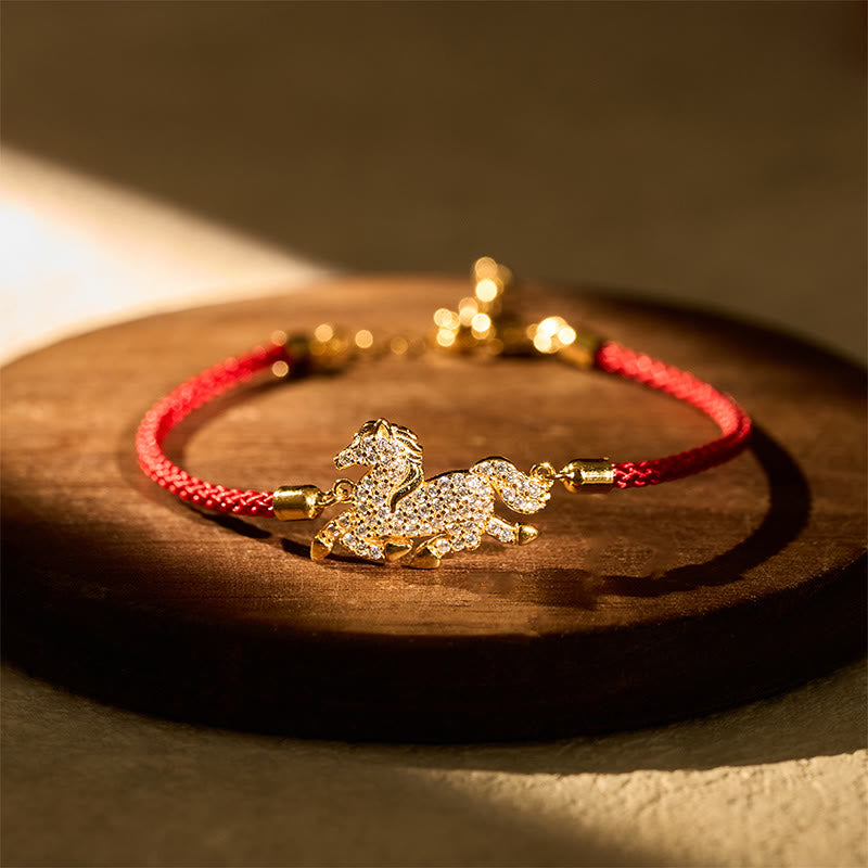 Buddha Stones 925 Sterling Silver Plated 18k Gold Red String Year Of The Horse Strength Bracelet - Horse(Wrist Circumference 14-18cm) - image 0