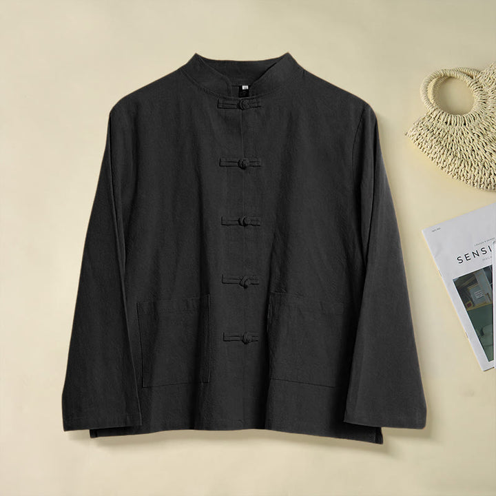Buddha Stones Ethnic Frog-Button Long Sleeve Stand Collar Women's Cotton Shirt With Pockets - Black - US8-10，UK/AU12-14，EU40-42 (2XL) - image 14