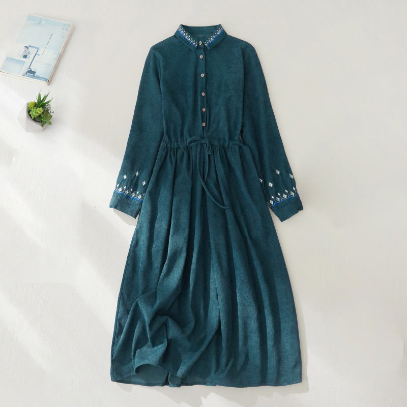 Buddha Stones Embroidered Floral Pattern Lace-up Design Long Sleeve Midi Dress With Pockets - Teal - US8-10，UK/AU12-14，EU40-42 (2XL) - image 15