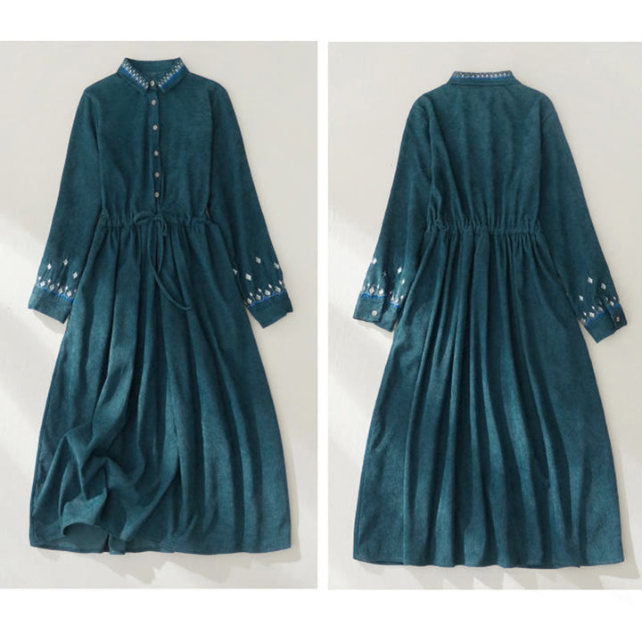 Buddha Stones Embroidered Floral Pattern Lace-up Design Long Sleeve Midi Dress With Pockets - image 17