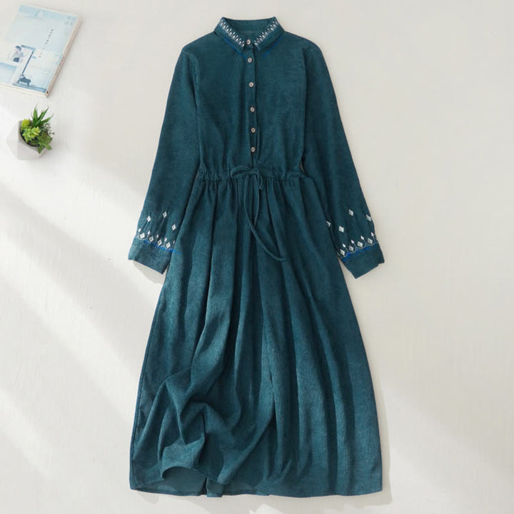 Buddha Stones Embroidered Floral Pattern Lace-up Design Long Sleeve Midi Dress With Pockets - image 18