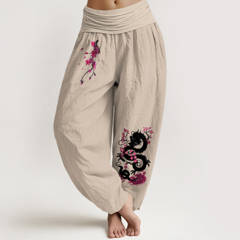 Buddha Stones Dragon Cherry Blossoms Pattern Women's Elastic Waist Harem Cotton Pants - Tan - US16，UK/AU20，EU48 (3XL) - image 5