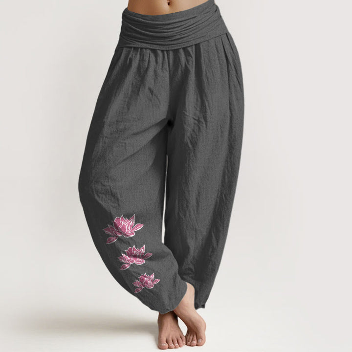 Buddha Stones Casual Lotus Pattern Pure Cotton Women's Elastic Waist Harem Pants - DimGray - US16，UK/AU20，EU48 (3XL) - image 0