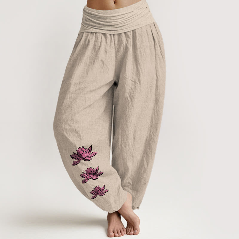 Buddha Stones Casual Lotus Pattern Pure Cotton Women's Elastic Waist Harem Pants - Tan - US16，UK/AU20，EU48 (3XL) - image 5