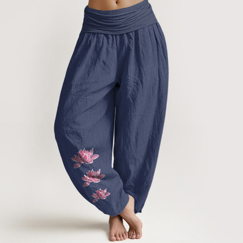 Buddha Stones Casual Lotus Pattern Pure Cotton Women's Elastic Waist Harem Pants - DarkSlateBlue - US16，UK/AU20，EU48 (3XL) - image 14