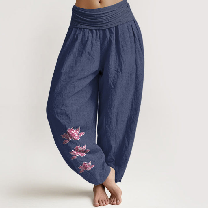 Buddha Stones Casual Lotus Pattern Pure Cotton Women's Elastic Waist Harem Pants - DarkSlateBlue - US16，UK/AU20，EU48 (3XL) - image 14
