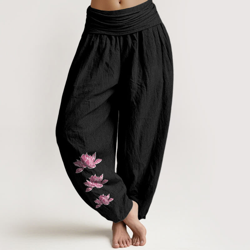 Buddha Stones Casual Lotus Pattern Pure Cotton Women's Elastic Waist Harem Pants - Black - US16，UK/AU20，EU48 (3XL) - image 11