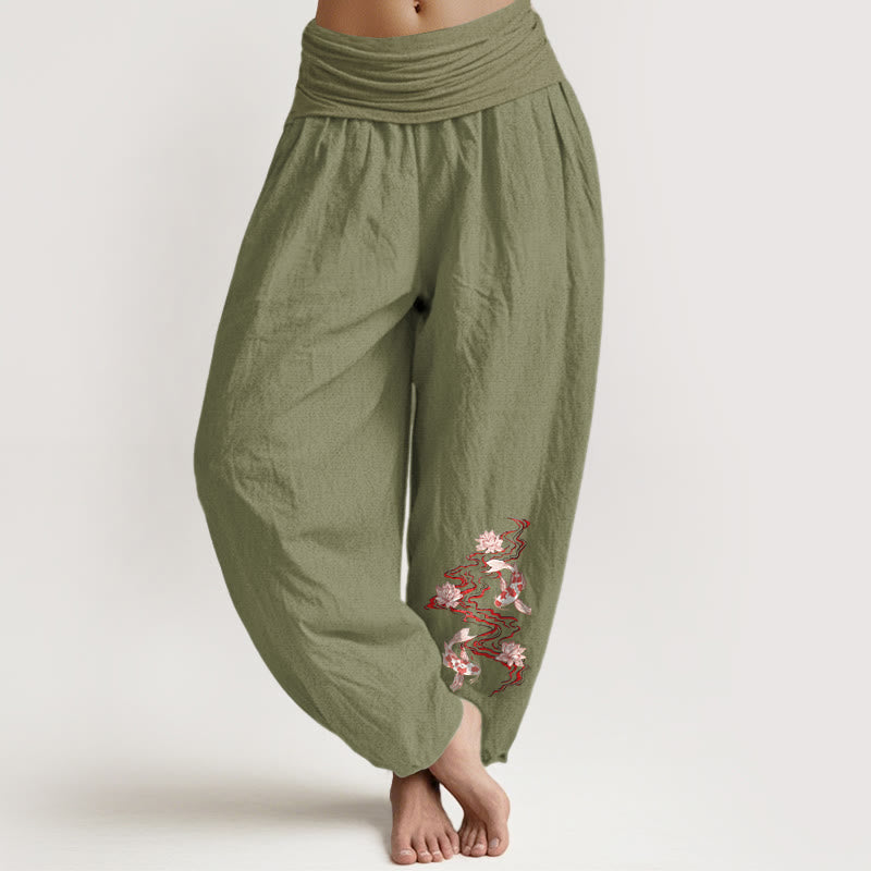 Buddha Stones Pure Cotton Lotus Koi Fish River Pattern Women's Elastic Waist Harem Pants - OliveDrab - US16，UK/AU20，EU48 (3XL) - image 14