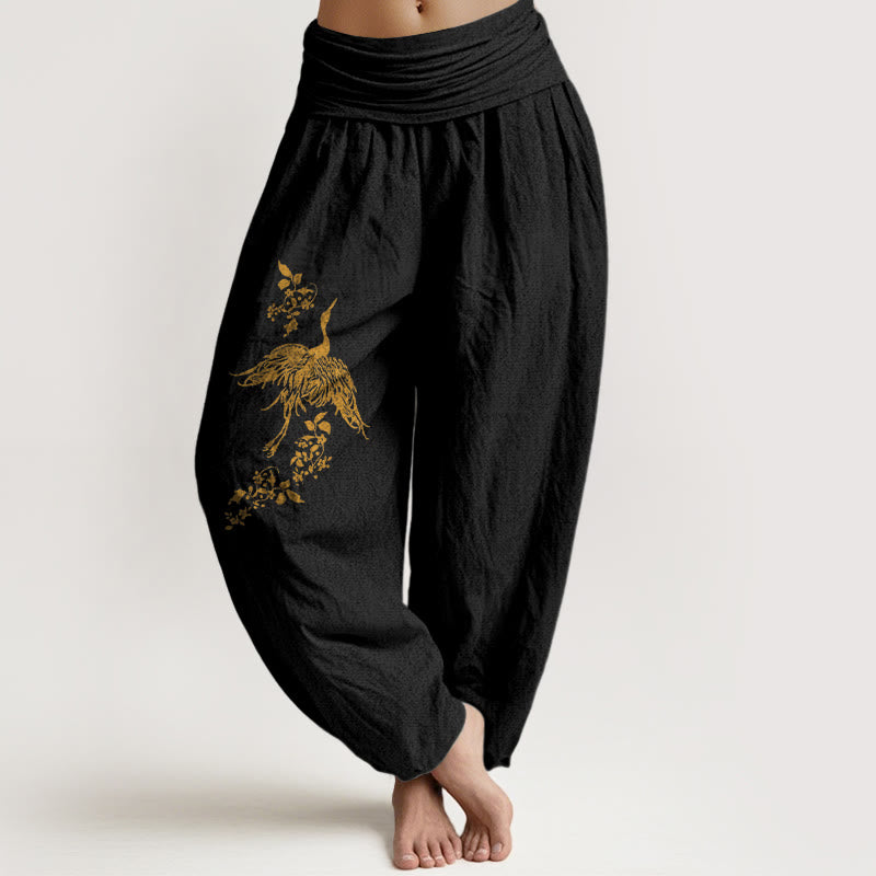 Buddha Stones Crane Floral Leaves Pattern Women's Elastic Waist Harem Cotton Pants - Black - US16，UK/AU20，EU48 (3XL) - image 0