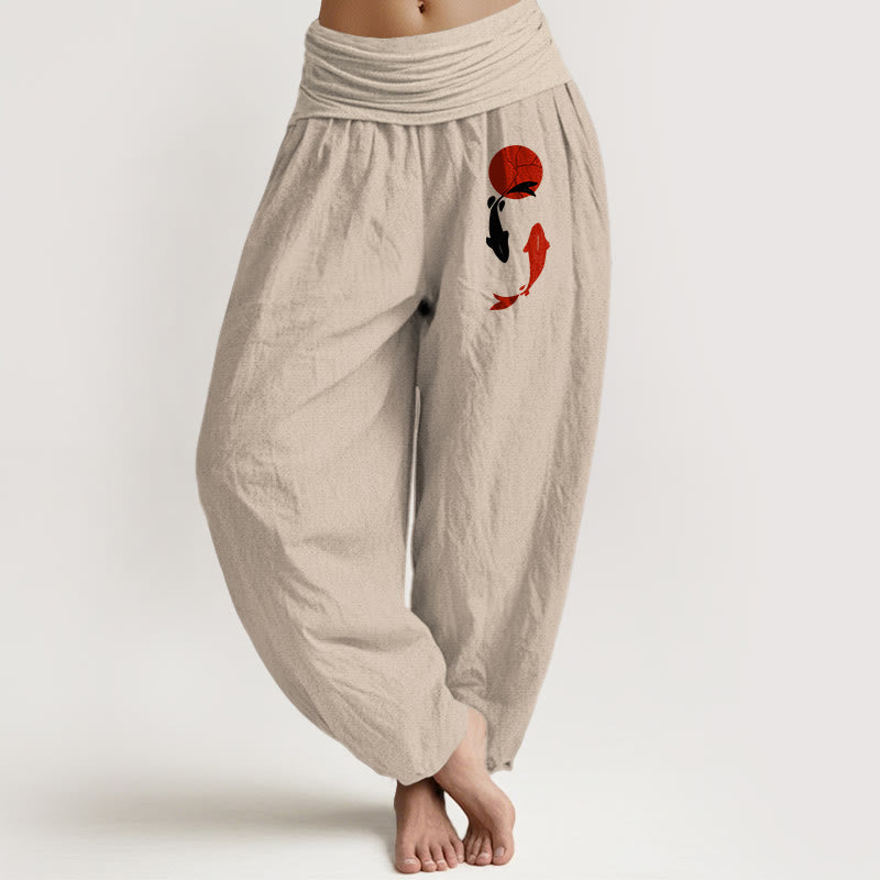 Buddha Stones Koi Fish Red Sun Pattern Pure Cotton Women's Elastic Waist Harem Pants - Tan - US16，UK/AU20，EU48 (3XL) - image 8