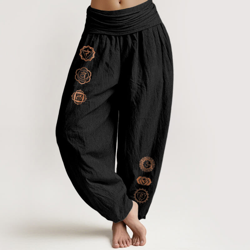 Buddha Stones Casual Chakra Symbol Pattern Pure Cotton Women's Elastic Waist Harem Pants - Black - US16，UK/AU20，EU48 (3XL) - image 0