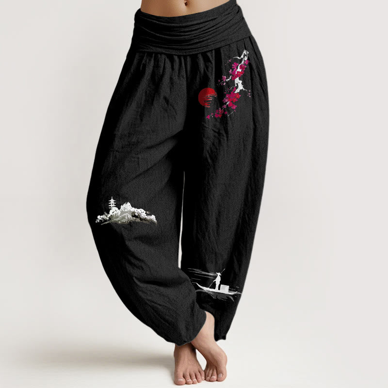 Buddha Stones Plum Blossoms Mountain Fisherman Pattern Pure Cotton Women's Elastic Waist Harem Pants - Black - US16，UK/AU20，EU48 (3XL) - image 8
